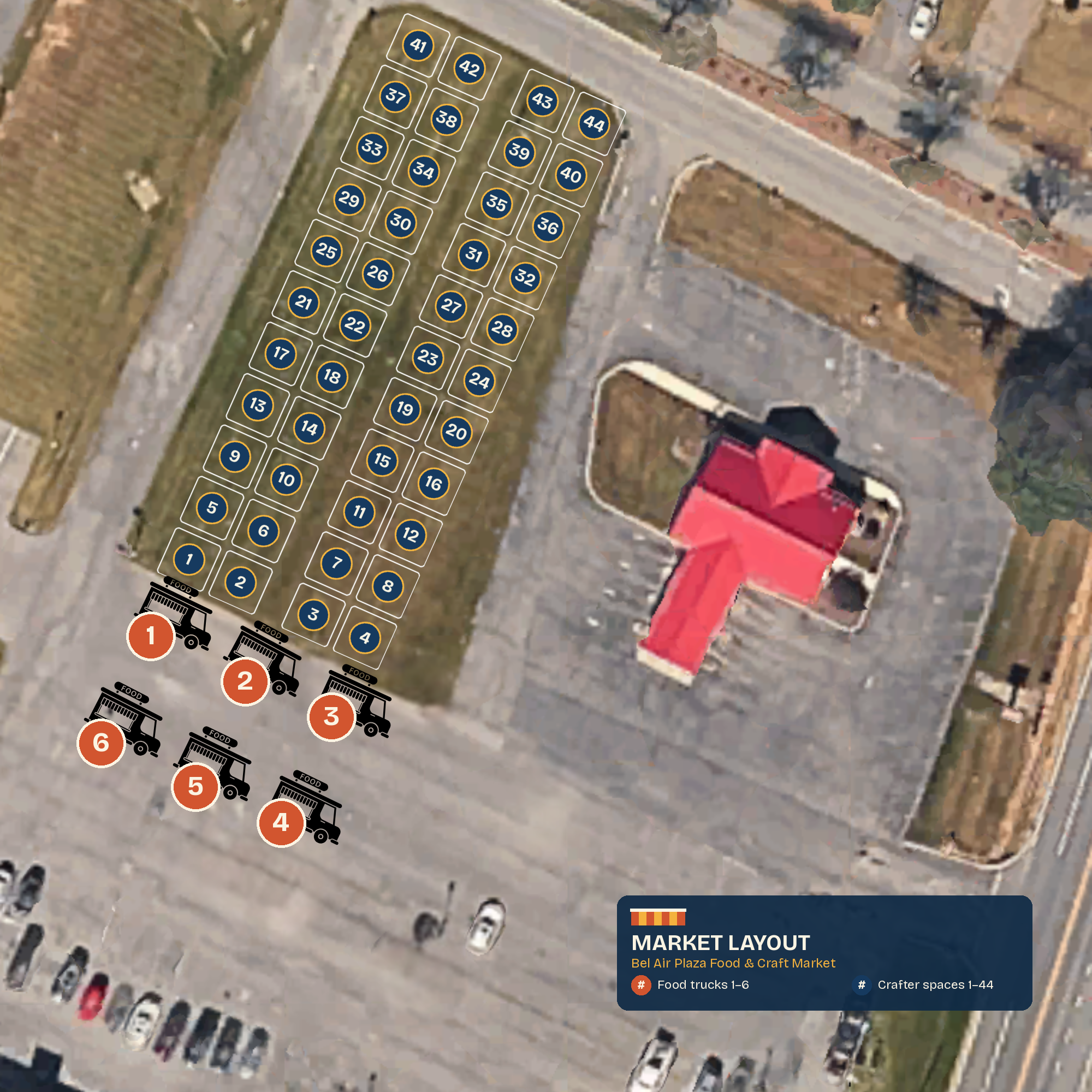 Aerial map of Bel Air Plaza showing food truck spots 1 to 6 along the lot and crafter spaces 1 to 44 on the grassy field.